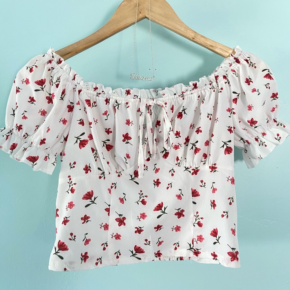 Tie Front Ruched Bust Frill Trim Ditsy Floral Top